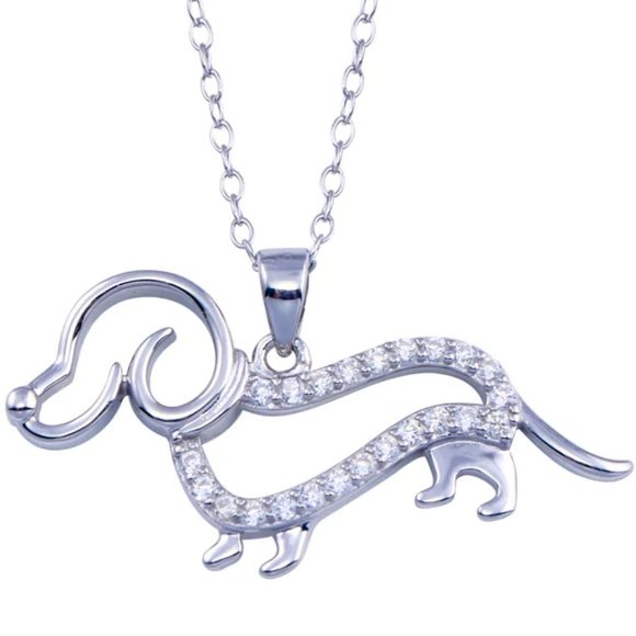 Rhodium Plated 925 Sterling Silver Clear CZ Outline Dog Necklace